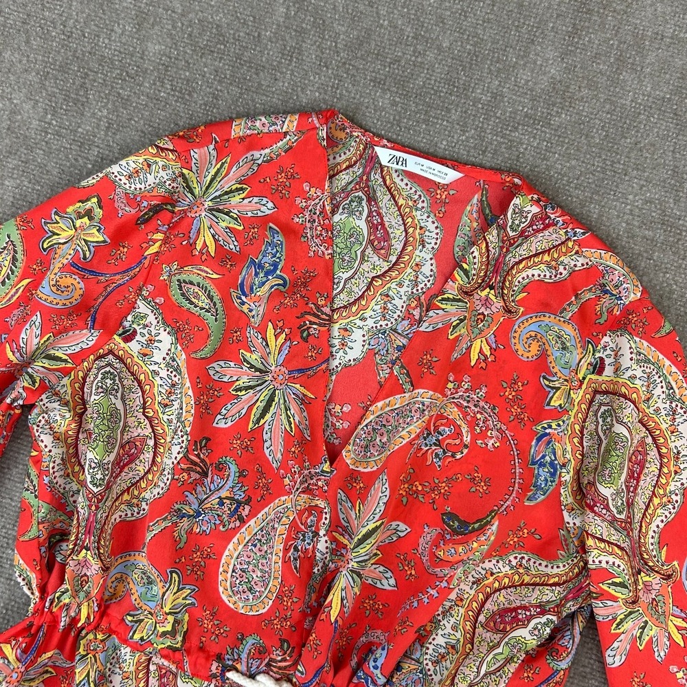 Zara Blouse Top Women Medium Orange Paisley Print Tie Waist Kimono Sleeve V-Neck